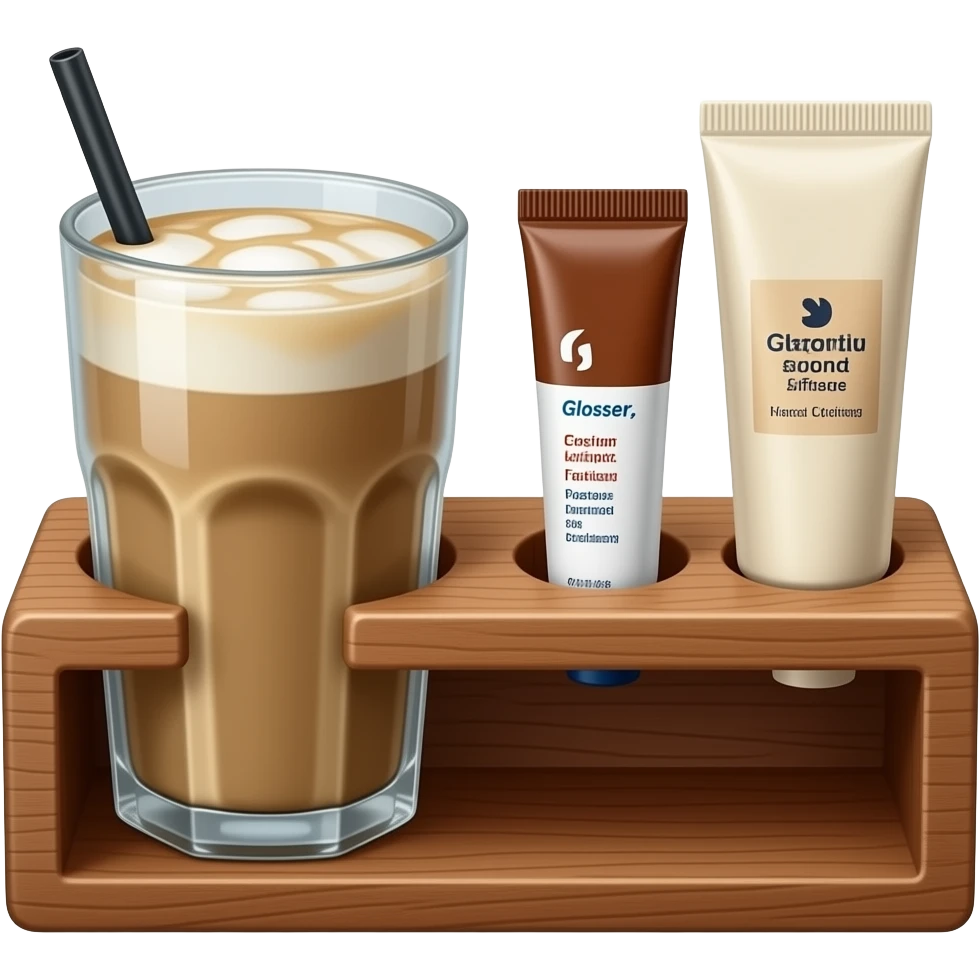 an ultra-realistic craft cup holder with two compartments, in one compartment there is an ice latte, and in the second compartment there is a brown lip balm “Glossier” and a hand cream in a beige package emoji