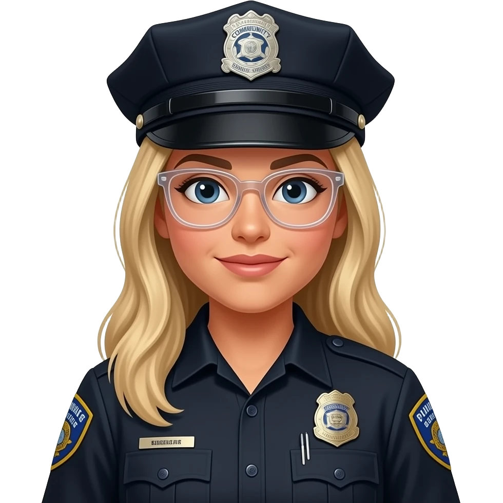 police woman, hispanic complexion, blonde long hair, no hat, Clear colored glasses, badge says (Community Service Officer) black uniform emoji