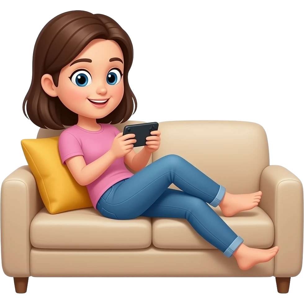 Woman mobile gaming on couch lazy emoji