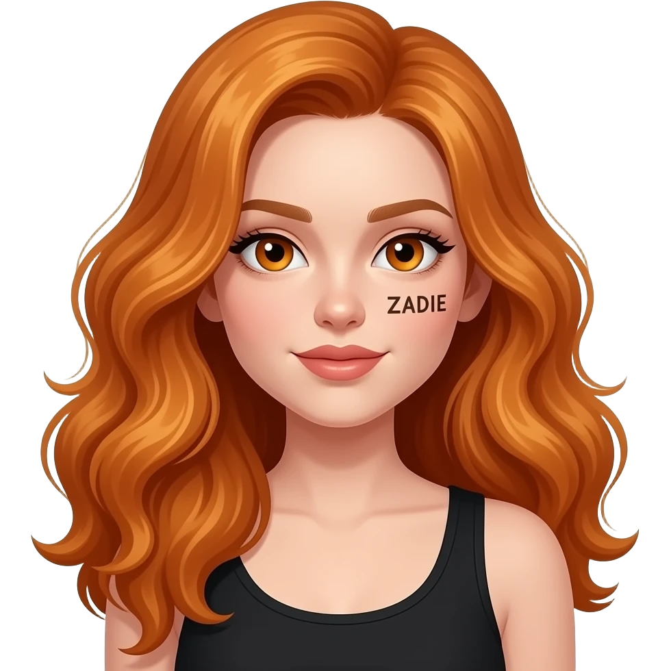 sexy girl with overlong wavy ginger hair and ginger eyes wearing a black tanktop on her cheek is ZADIE written on it emoji
