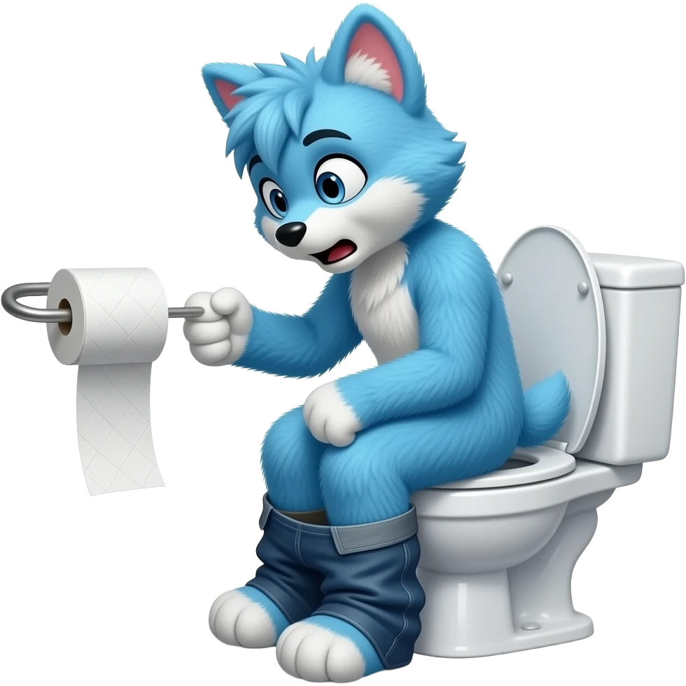 blue furry fursuit sitting on toilet, side view, pants down, looking at empty toilet roll, shocked emoji