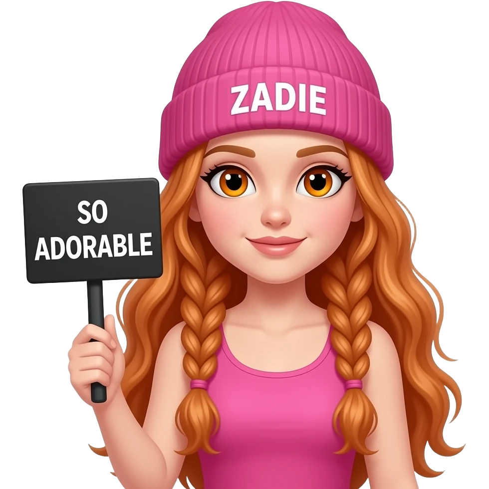 sexy girl with overlong ginger braids and ginger eyes wearing a pink tanktop and a pink beanie with ZADIE written on it, is holding a black sign with SO ADORABLE written on it emoji