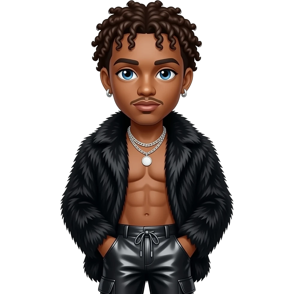 Jack Harlow, white rapper (b.1998) with ivory skin, blue eyes, brown curly hair, black fur shawl, black metallic baggy pants, shirtless with necklace and earrings emoji
