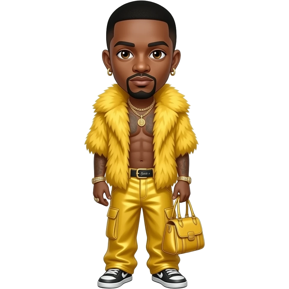 Busta Rhymes with dark brown eyes, black buzz cut hair, yellow fur shawl, yellow metallic baggy pants, shirtless with necklace and earrings emoji