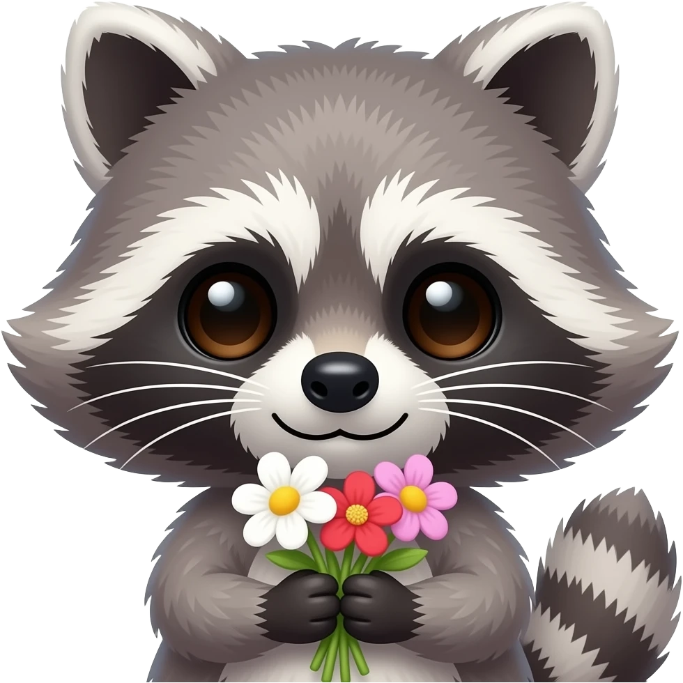 a bust shot of a cute racoon holding flowers emoji