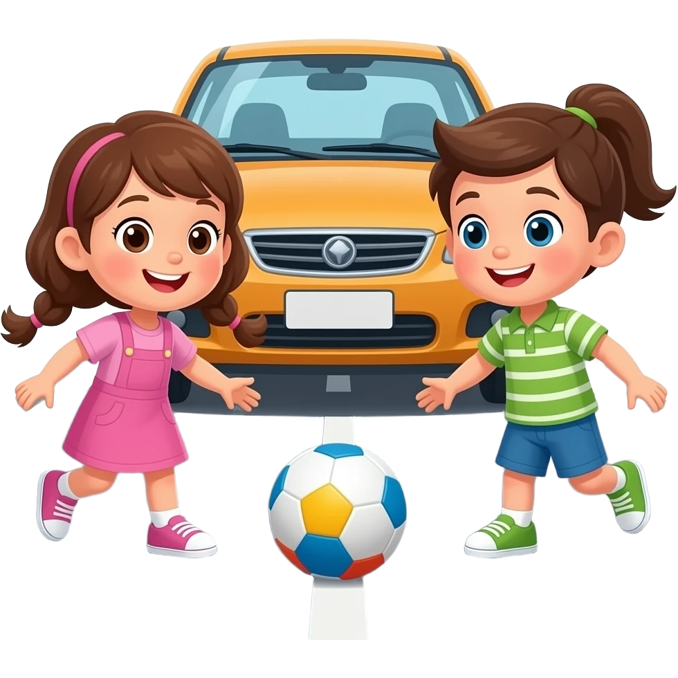 мультяшные дети играют на дороге перед машиной в мячик emoji