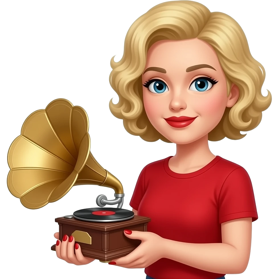 above neck Short blonde curly spiral hair holding a victrola with red nails, in a red short sleeve shirt, red lipstick, black eyebrows emoji