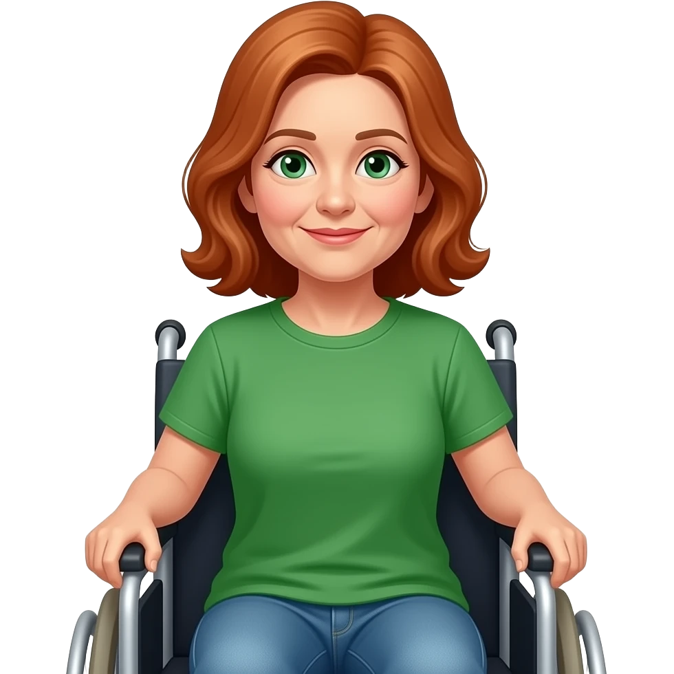 older female shoulder length red hair green eyes wheelchair jeans green t-shirt emoji