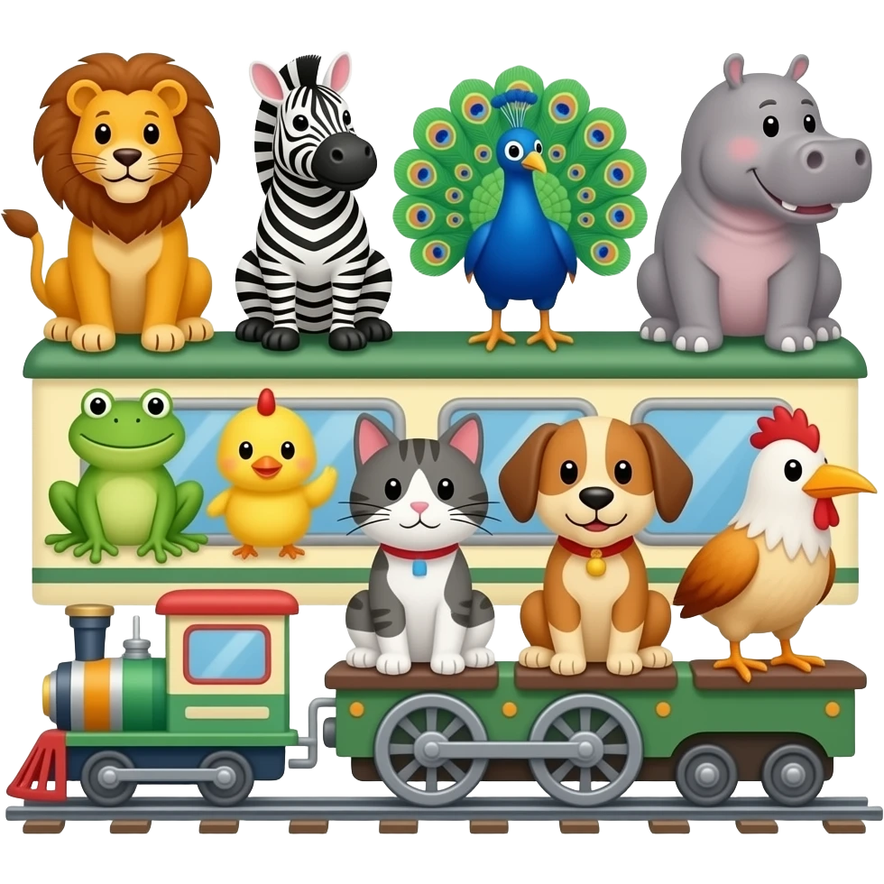 1 Little Lion 2 little zebra 3 little hippo 4 little peacock 5 little frog 6 little chick 7 little cat 8 little dog 9 little chicken 10 little bird Let's sit on the train emoji