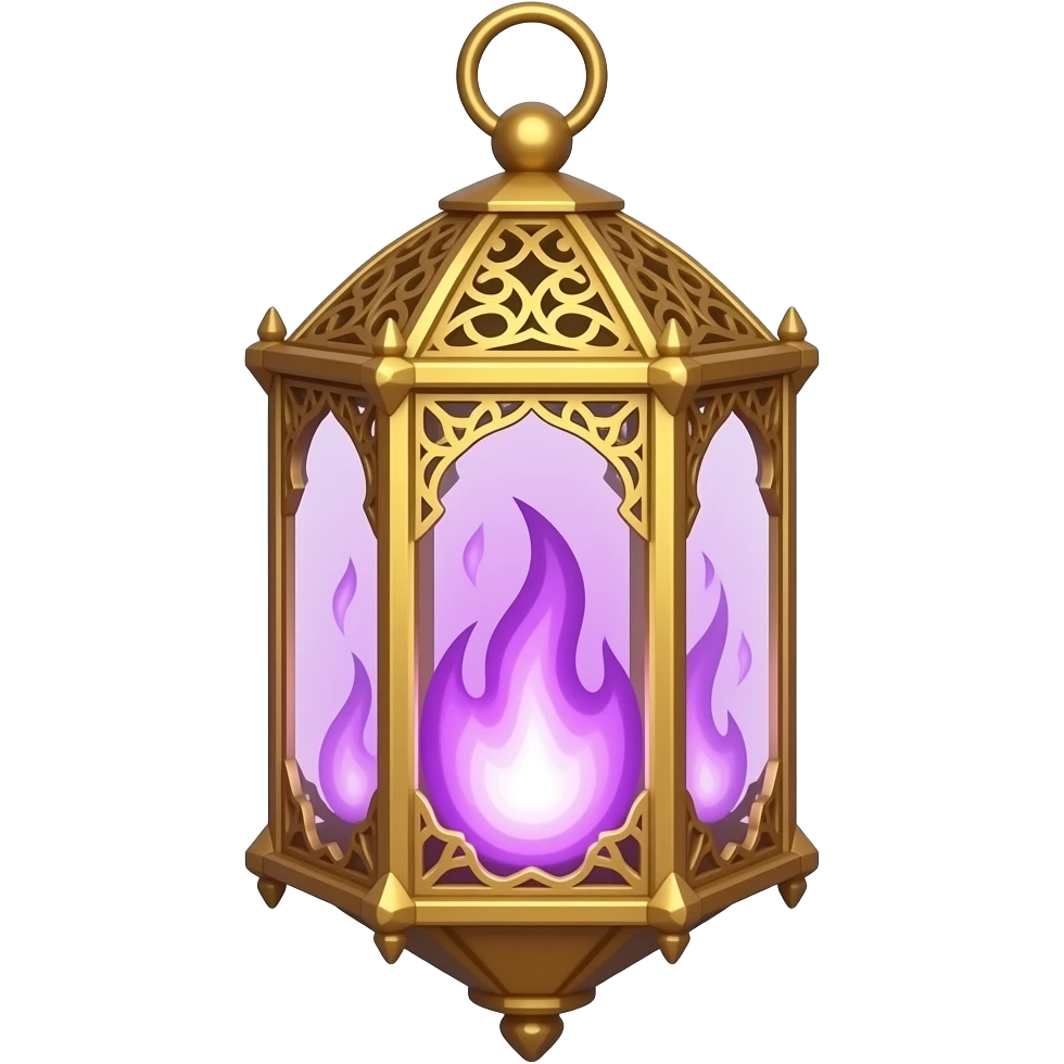 A gold hanging lantern with a bright  purple flames, an empty loop on top, fae themed emoji