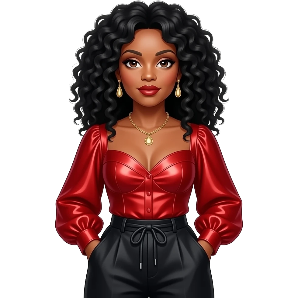 Diana Ross with brown eyes, long black curly hair, red metallic sweetheart blouse, red metallic baggy pants, necklace and earrings emoji