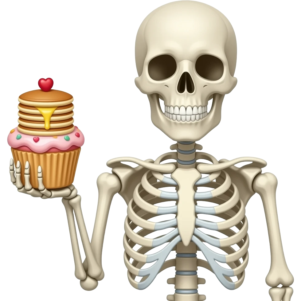 Skeleton holding cupcake with a stacks of pancakes on top emoji