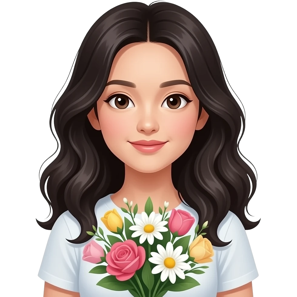 Mujer asiática recibiendo unas flores, que la chica sea piel muy clara, cabello ondulado y negro y con ojos asiáticos emoji