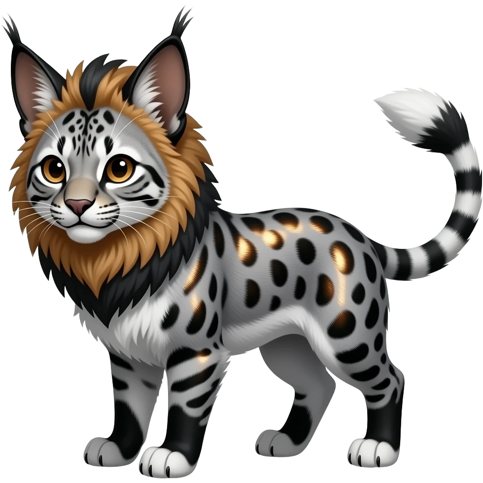 Realistic patterned marked edgy greyish blackish whitish silvery coppery Shiny Colorful Glossy Genet-Caracal-Lion-Bunny-Bobcat-fusion-animal-hybrid-creature, full body, big-tufted-bat-ears, long-thin-tufted-white-tipped-tail emoji
