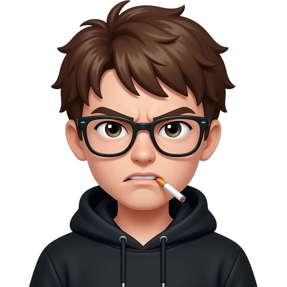 Brown hair, black hoddie, angry boy, emo, glasses, cigarett, emoji