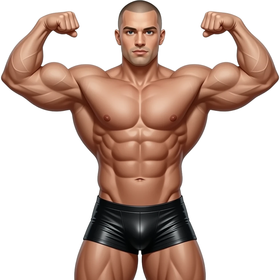 Erstelle ein Bild von einem nackten eingeölten Bodybuilder mit glatze. Eine sehr breit Schulter und extrem muskulöser Mann, so muskulös das man seine Adern an den Armen sehne kann. Er hat ein knallige enge und knappe Latex speedo an und  macht typische Bodybuilder Posen emoji