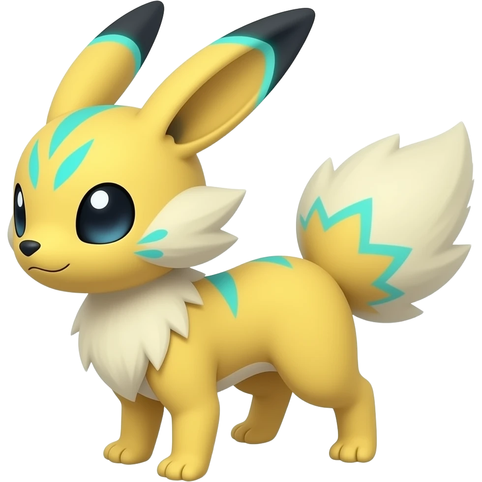 Yellow Renamon-Zeraora-Fennekin-Manectric-Vaporeon-Fakémon-hybrid with glowing neon cyan markings emoji