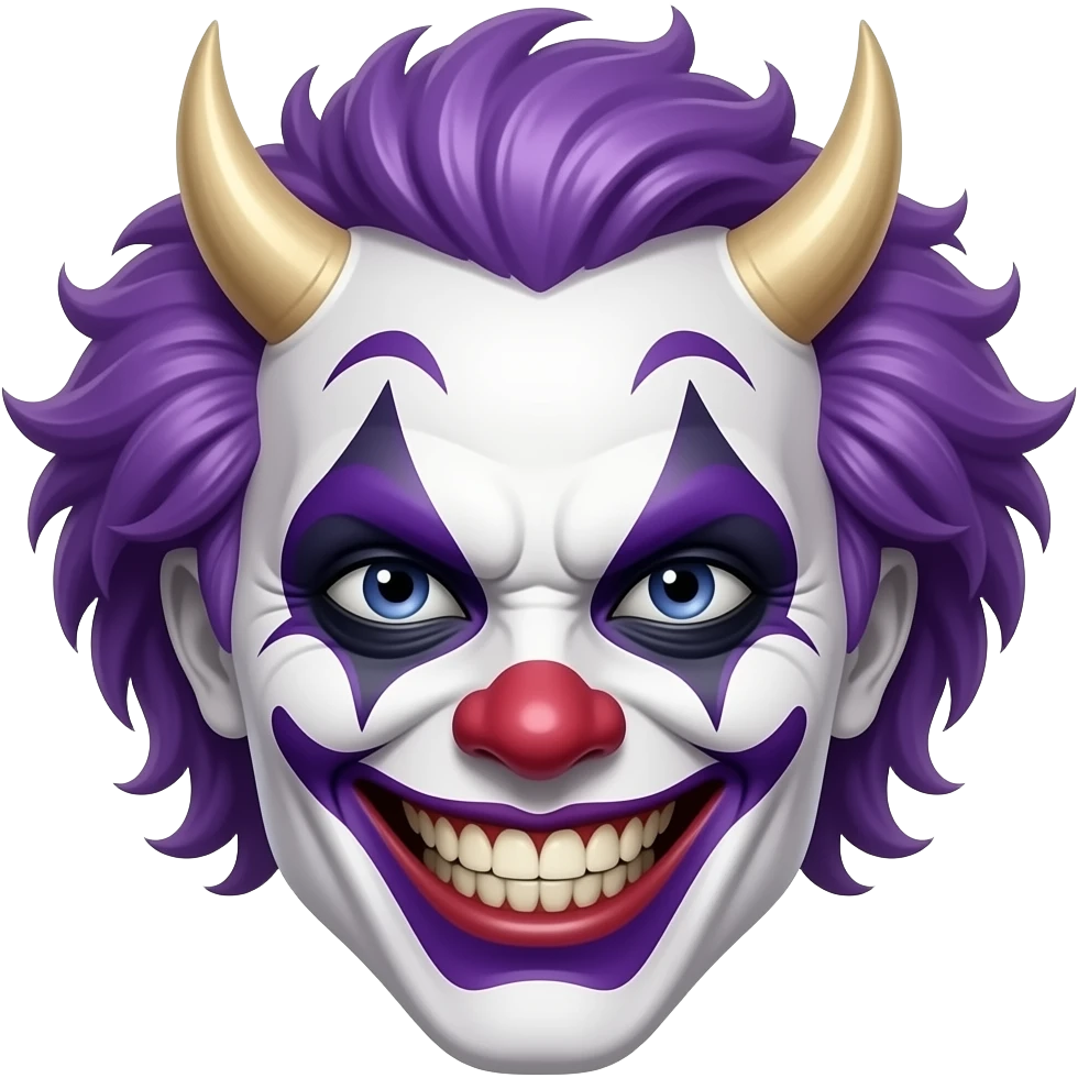 An evil, scary clown with purple hair, head only, wicked grin, hyper real, crazy makeup, scary, hyper real, ultra real, (no horns) emoji