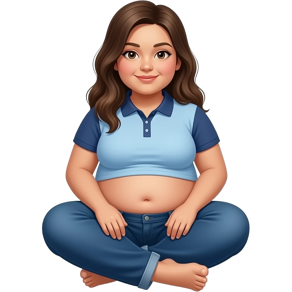 Obese Hispanic girl with brown hair and light blue and dark blue cropped polo with chubby belly button and dark blue baggy jeans sitting down showing her toenails emoji