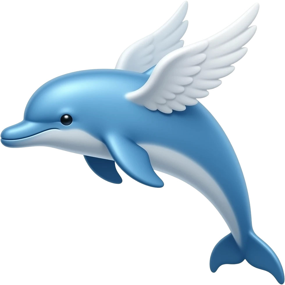 🐬thin dolphin emoji with 2 white wings, glass blue ,2d, simple emoji