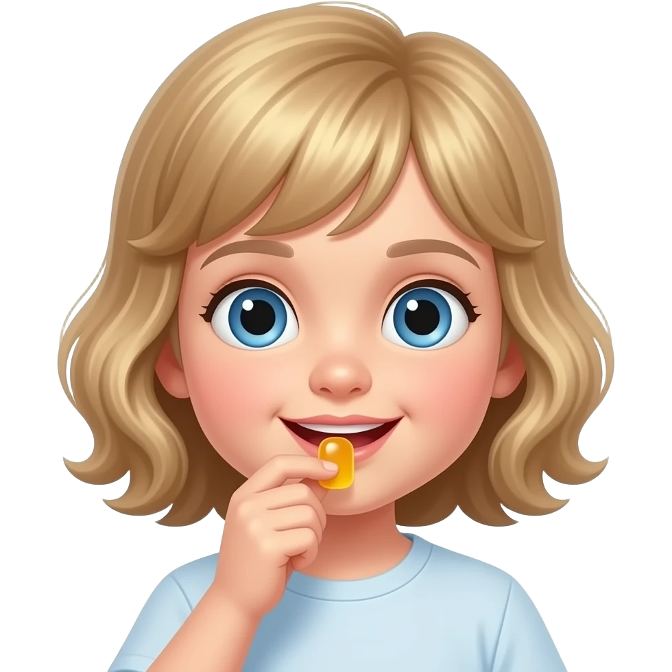 white kid blue eyes mid length with bangs soft curly hair to shoulders in color: middle to little darker blond, eating kids daily vitamin gummie emoji