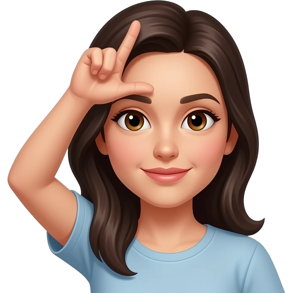 woman with long dark hair and brown eyes making L shape with hand on forehead emoji