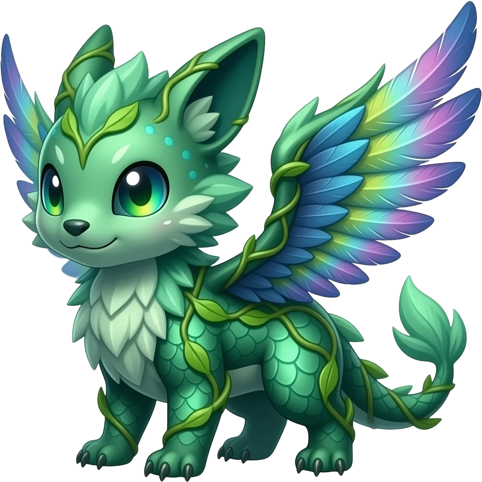 Cute cool fantasy animal hybrid Fakemon full body, green scales, leaves, feathers,  SIMILAR emoji