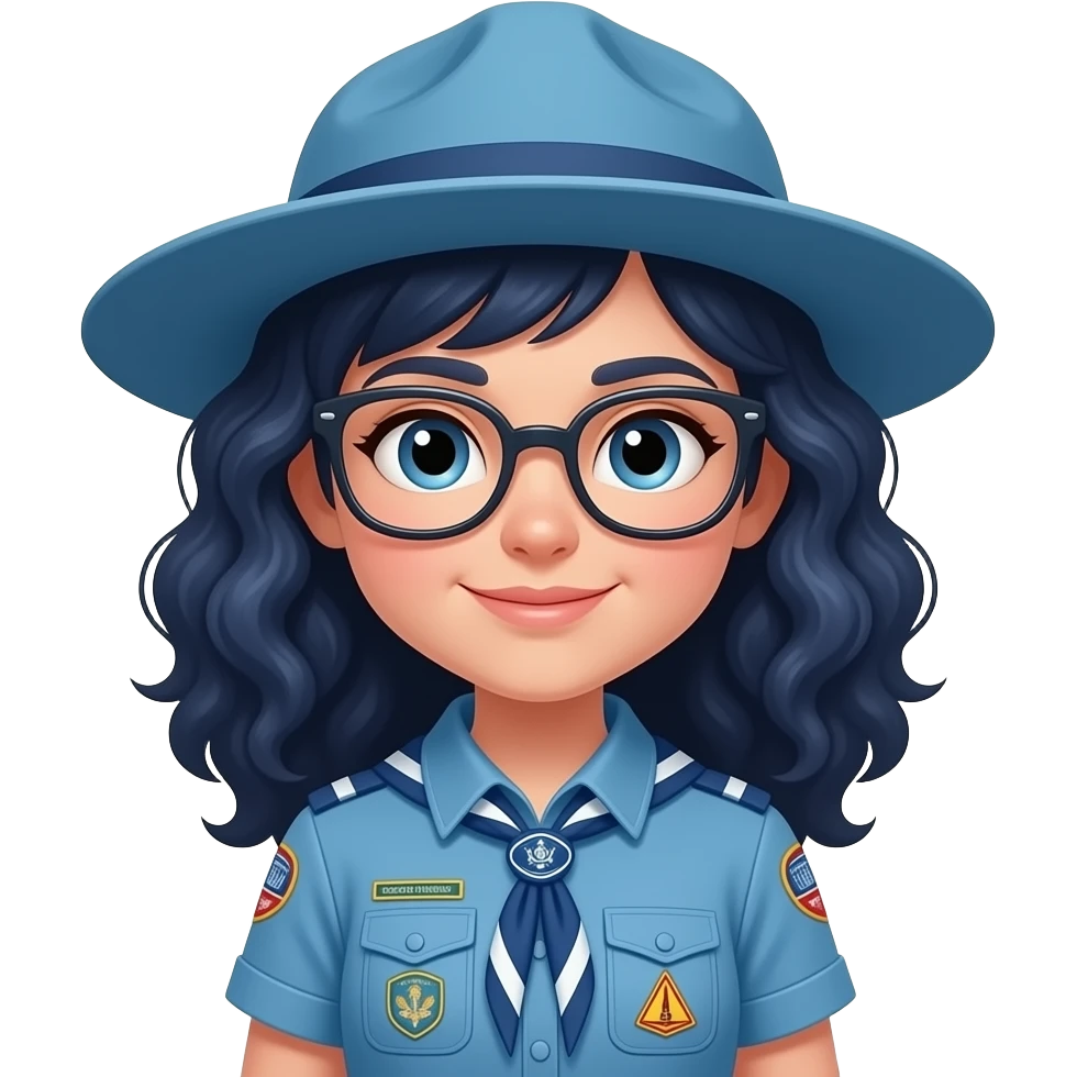 scout girl with very blue scout uniform including hat, dark blue curly haired and glasses emoji