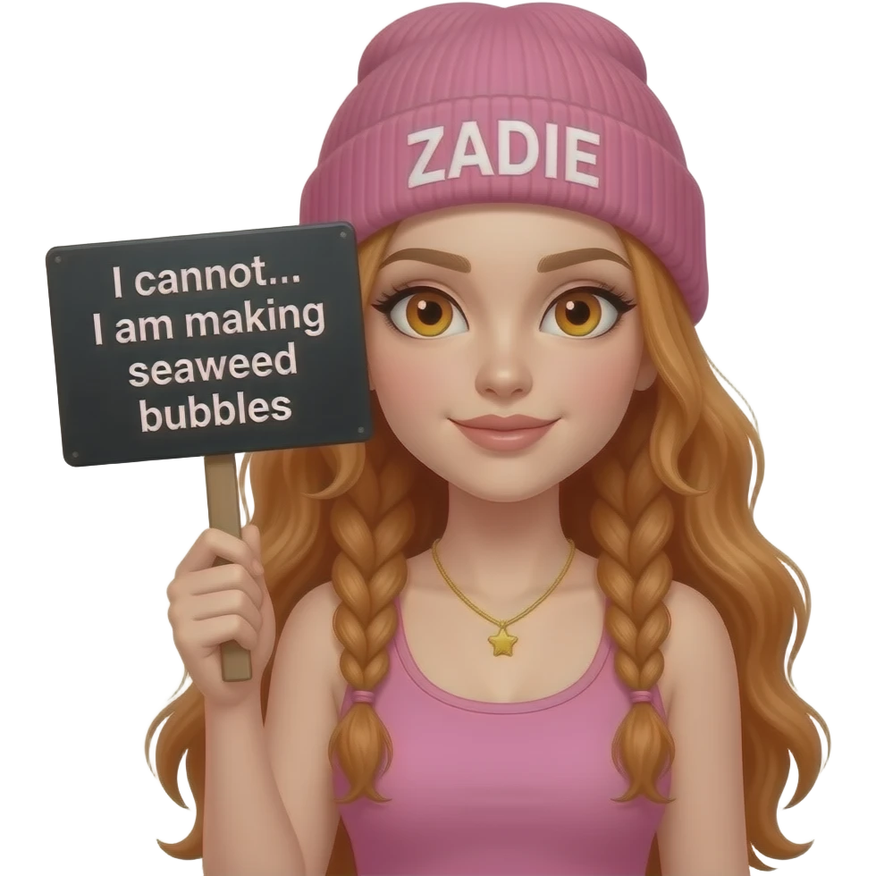 sexy girl with overlong ginger braids and ginger eyes wearing a pink tanktop and a pink beanie with ZADIE written on it, is holding a black sign with ICH KANN NICHT... ich mache SEIFENBLASEN written on it emoji