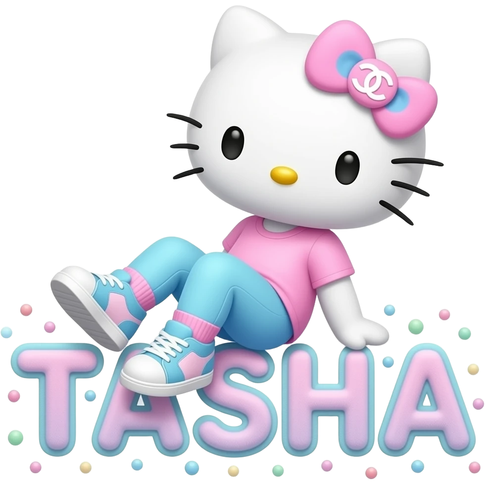 4D Velvety fur hello kitty wearing ombre white and blue and pink ombre pastel colored leggings and sneakers, and with the Chanel symbol on her ombre pastel bow sitting sideways leaning back on top of the velvety 3D outlined letters TASHA surrounded with tiny ombre pastel dots made of candy emoji