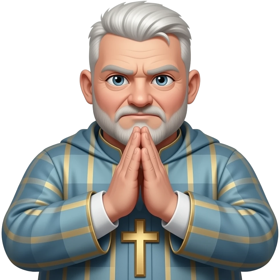 An evil fat man with a pixie cut platine hair and grey eyes, praying ...