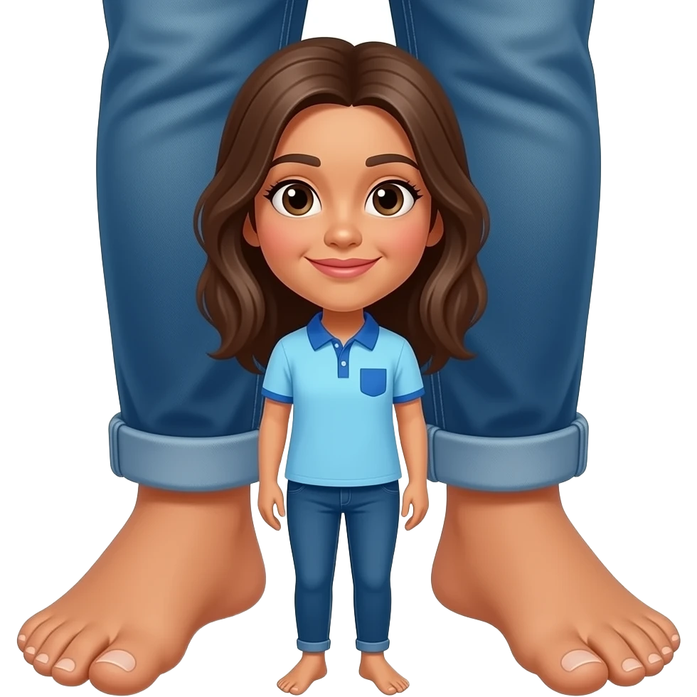 Hispanic girl with brown hair and light blue and dark blue polo and dark blue jeans showing her bottom feet emoji