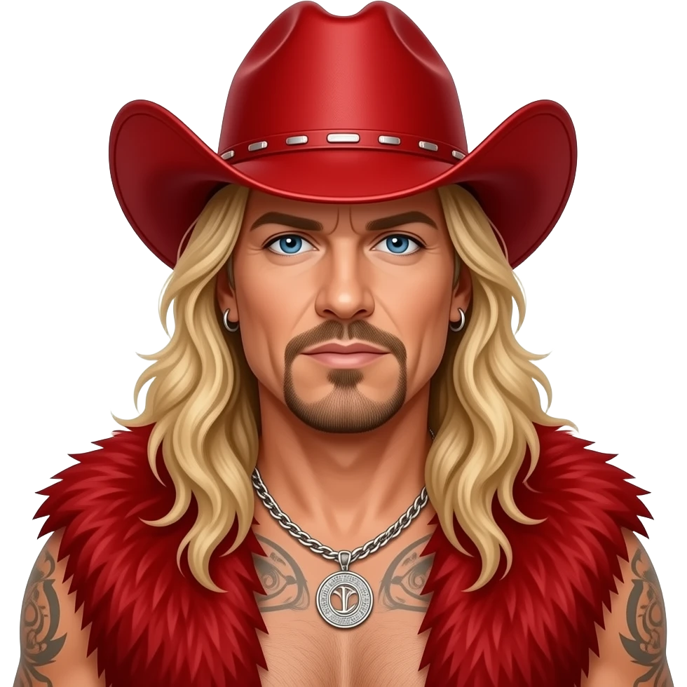 Bret Michaels with blue eyes, long blonde hair, red cowboy hat, red fur shawl, black metallic baggy pants, shirtless with necklace and earrings emoji