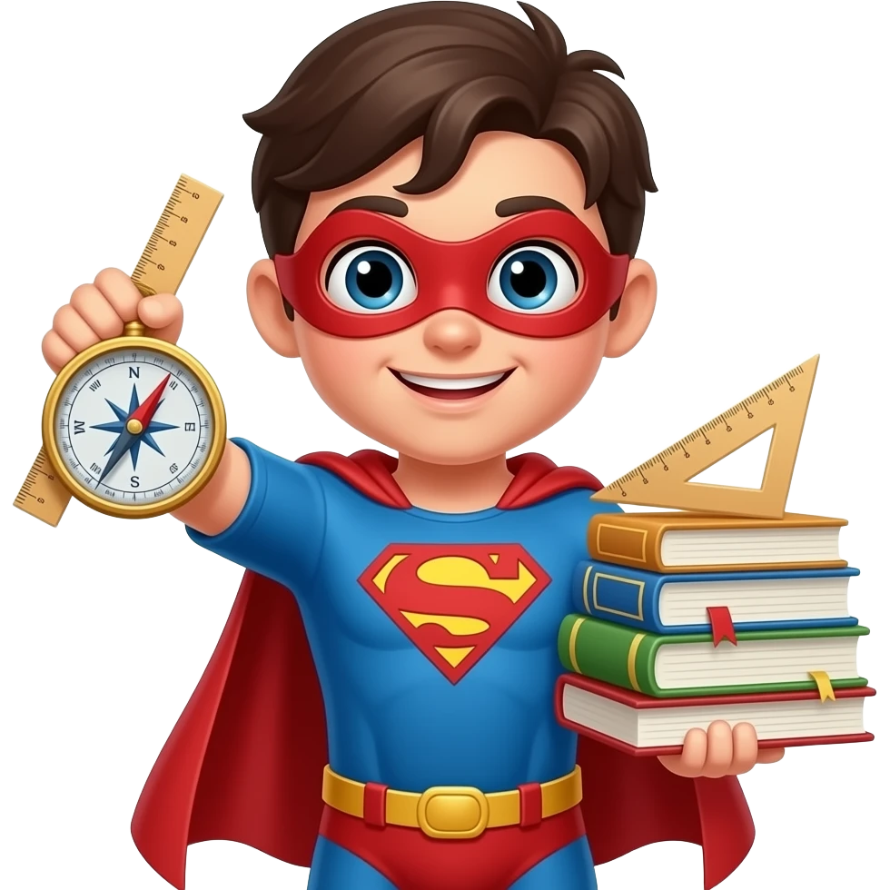 талисман школы  в образе супергероя с книгами и циркулем и линейкой emoji