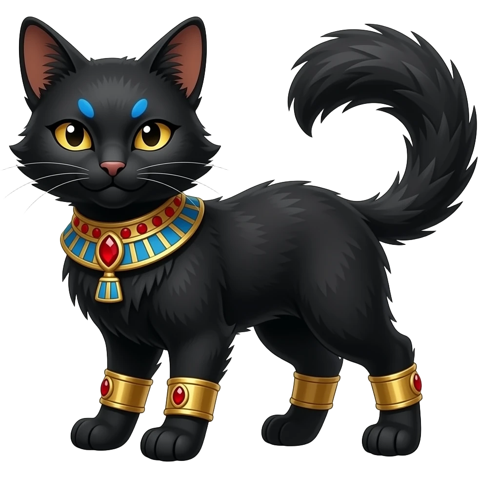 Realistic furry fuzzy Black godly overpowered ethereal majestic oriental ancient Lykoi-Caracal-Cat-Fakemon. With gold bangles, red rubies, Egyptian blue eye corner markings makeup, long thin tufted tail emoji