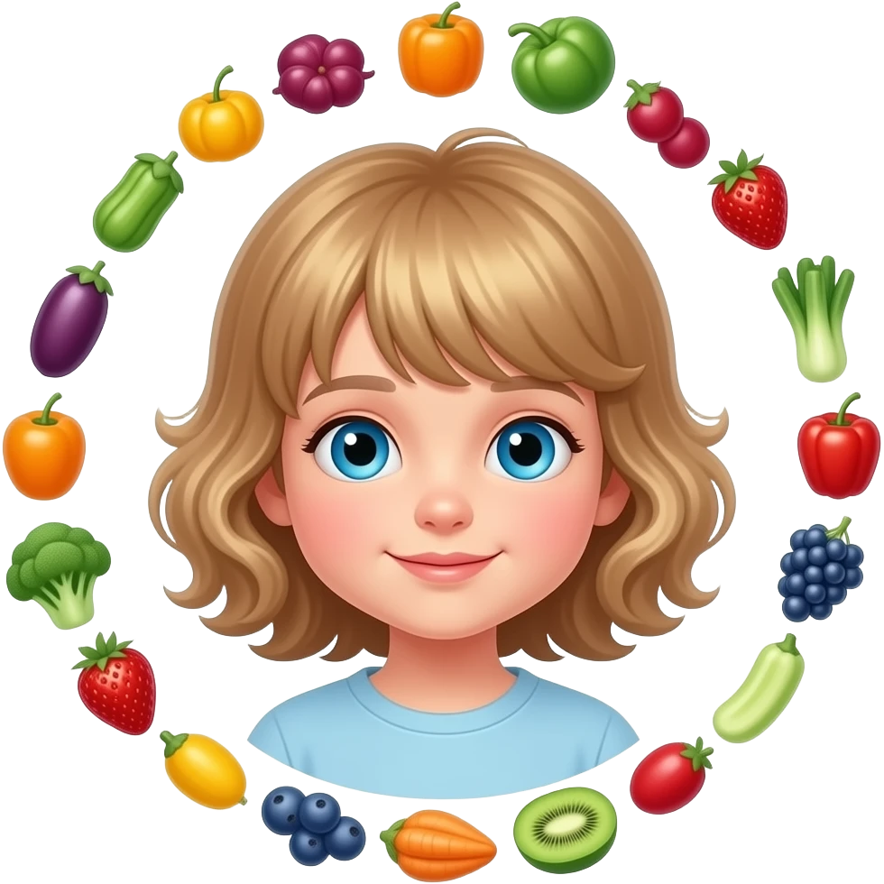 white kid blue eyes mid length hair to her shoulders with bangs soft curly hair to shoulders in color: middle to little darker blond. in a circle around her is small fruits and vegetables (symbolizing vitamin gummie) we call them vitamincandy emoji