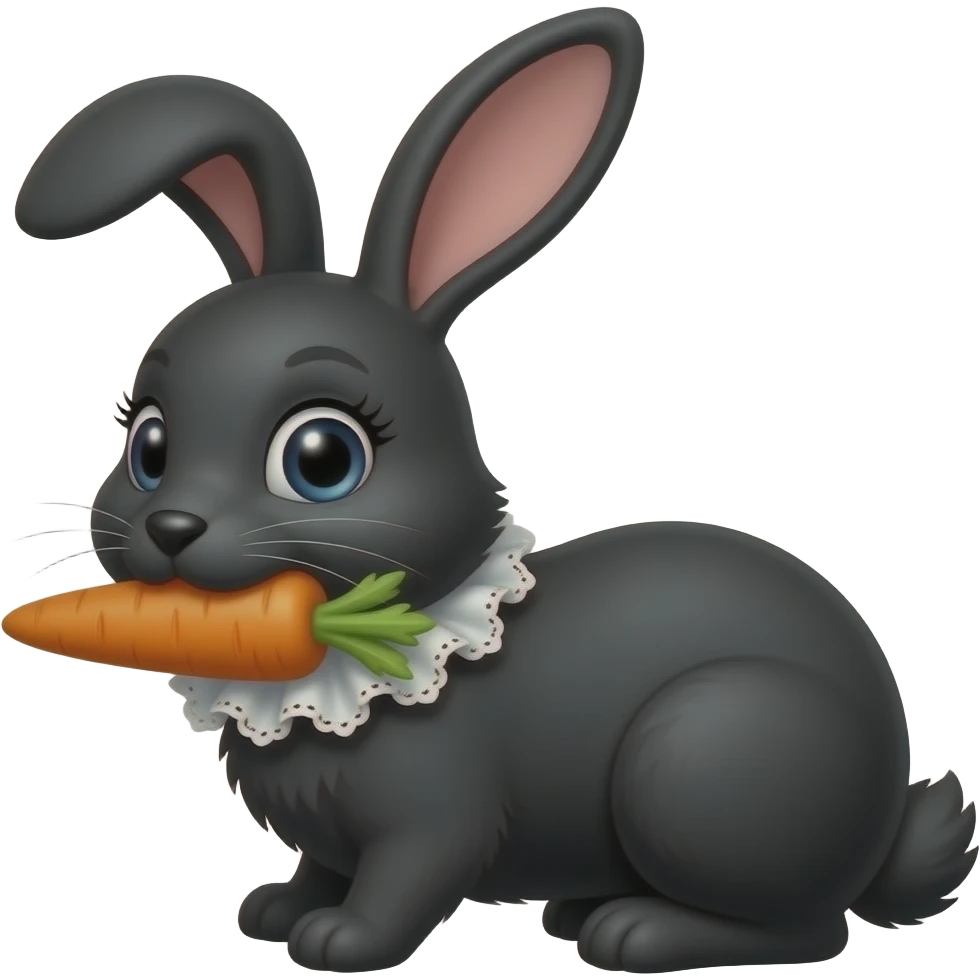 A black bunny with  lashes and a white lace and a carrot in her mouth emoji