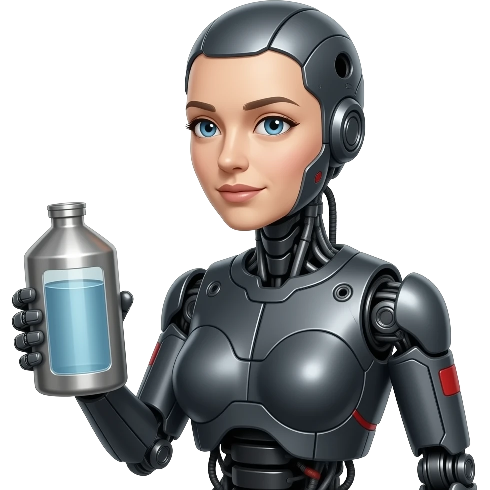 Mechanical female robot made of dark gray metal with black and red markings holding a  steel  container of water emoji