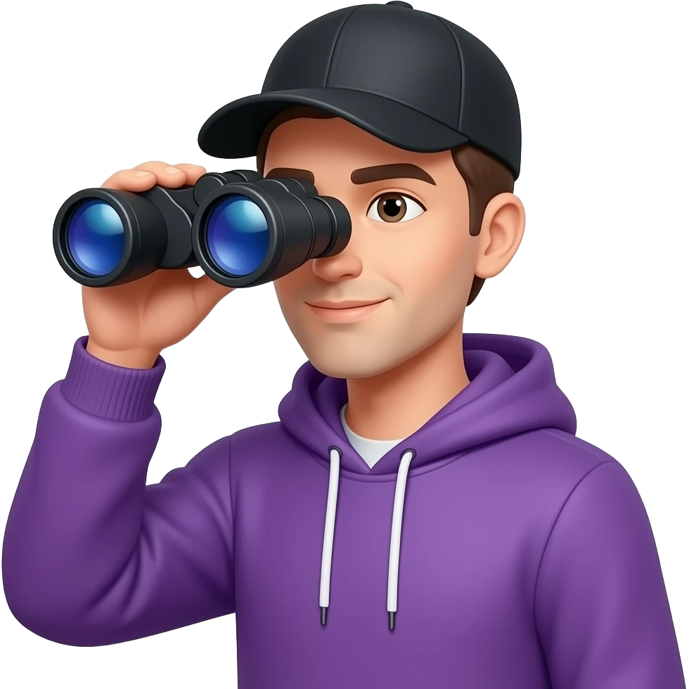 tall skinny guy with black basecap, purple hoodie, using binoculars emoji