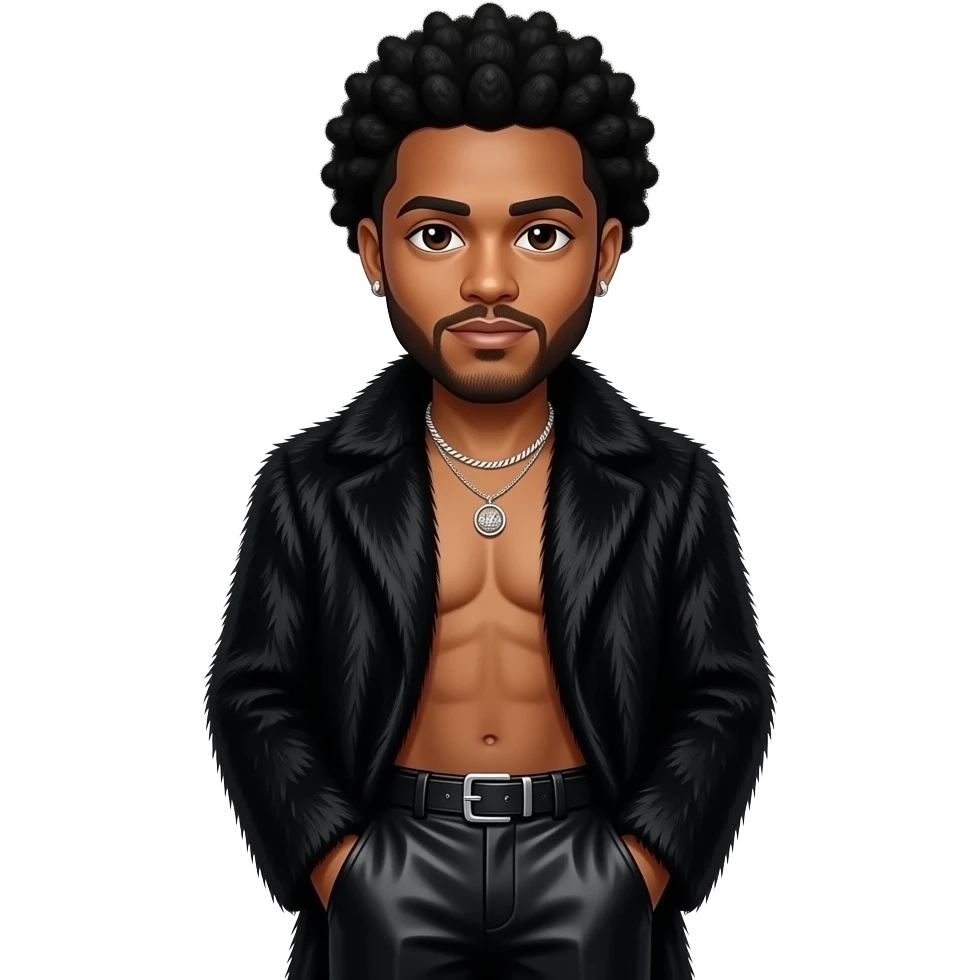 The Weeknd with dark brown eyes,  black afro hair, black fur coat, black chrome baggy pants, shirtless with necklace and earrings emoji