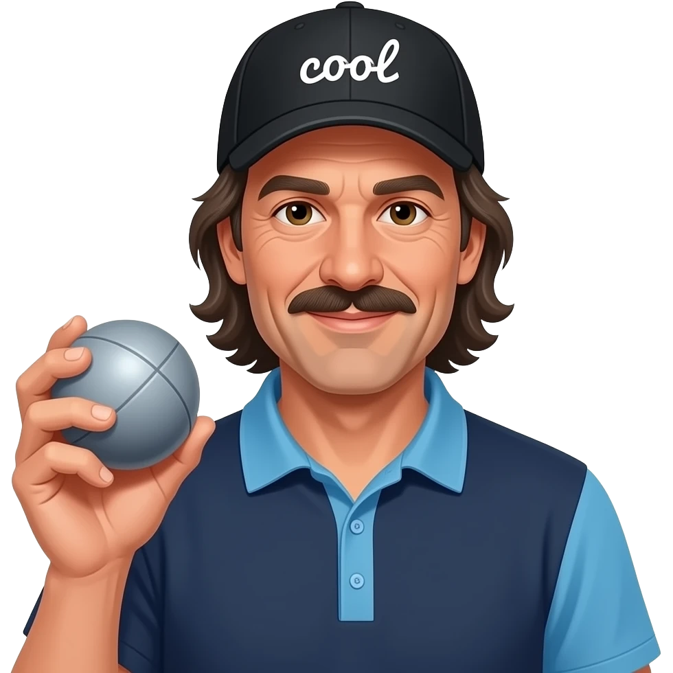 tête homme 50 ans cheveux longs sous casquette noire marquée "cool" avec boule de pétanque grise à la mainsur maillot bleu foncé avec col trois boutons bleu clair avec épaules seules bleu clair coté droit Pétanque LIVERDUN, côté gauche "Péridon Paysage" emoji
