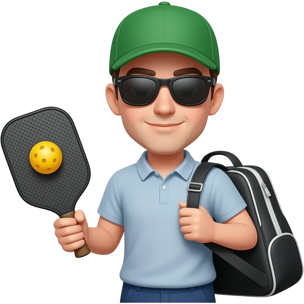 Apple iOS emoji style pickleball character, green cap, black sunglasses, shoulder sports bag, holding pickleball paddle, cute glossy 3D render, clean white background, premium emoji aesthetic, vibrant colors, ultra detailed emoji