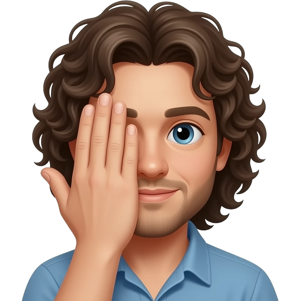 Homme cheveux long et bouclés avec la paume de main au milieu du visage emoji