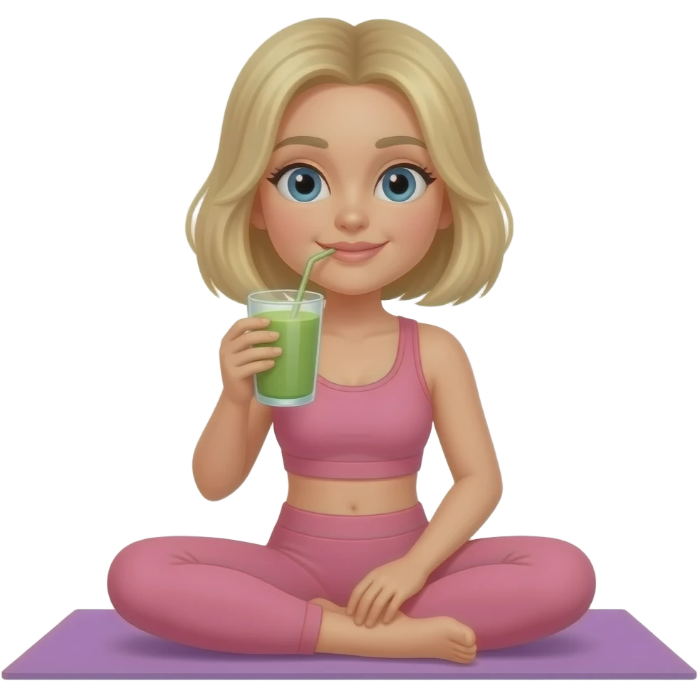Medium length haired blonde pilates instructor in pink drinking matcha emoji