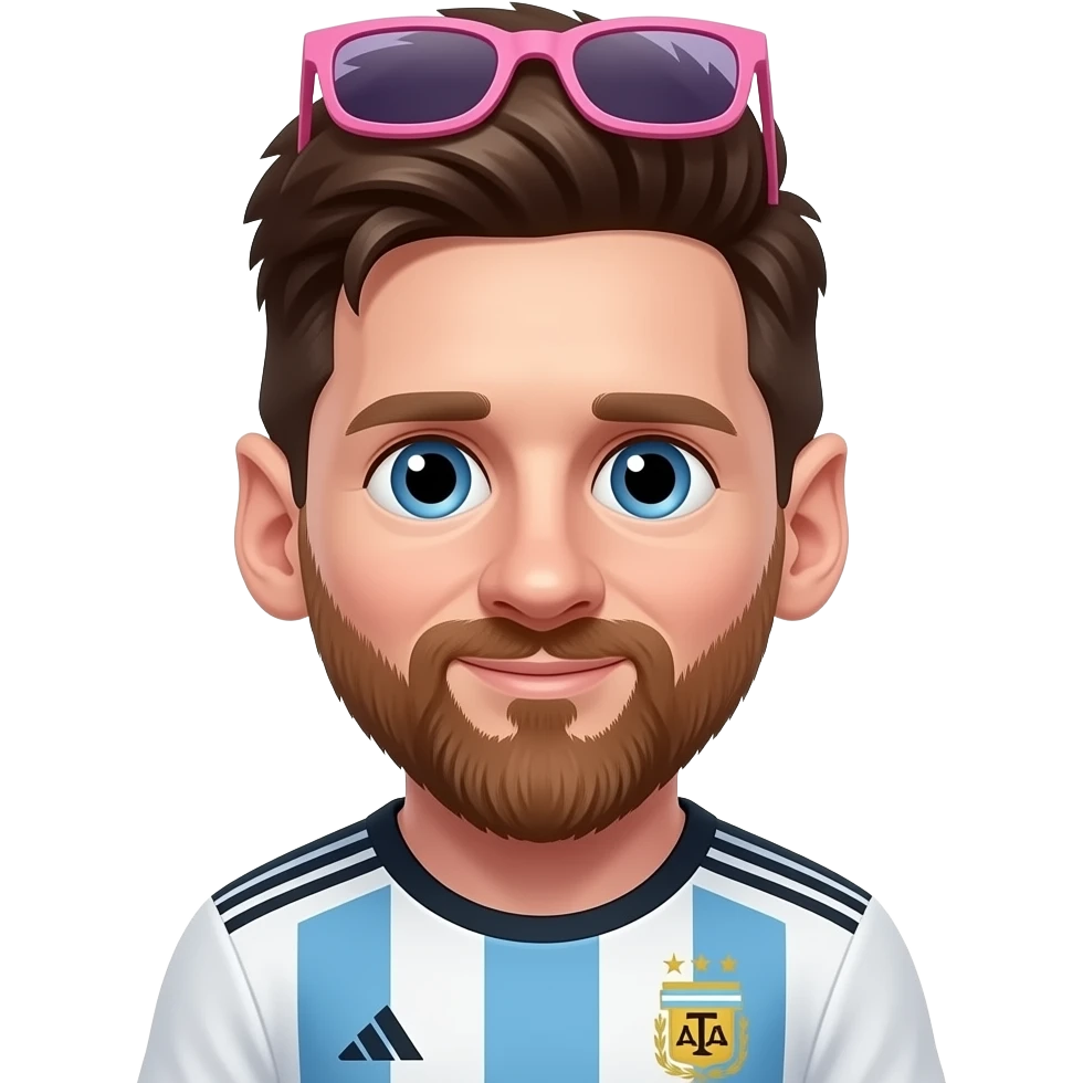 Cute front-facing Messi emoji, brown hair, beard, big eyes, Argentina jersey, soft gradient background. Exactly 1 pink sunglasses, very tiny size, between the eyebrows on the forehead. emoji