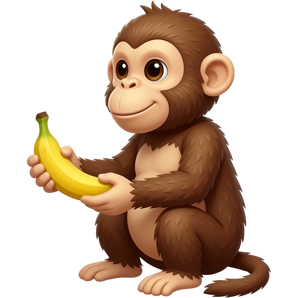 The monkey is sitting sideways holding a banana in his hands emoji