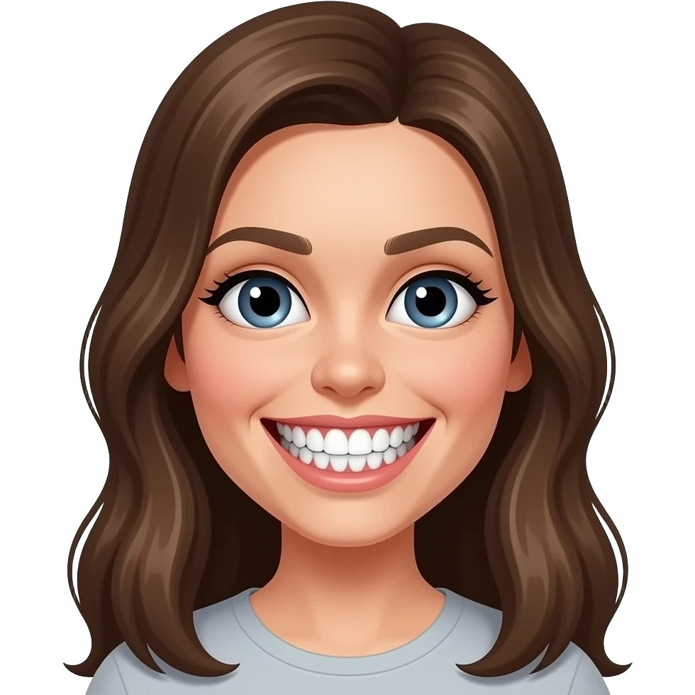 mujer de cabello largo y grandes ojos con una enorme dentadura emoji