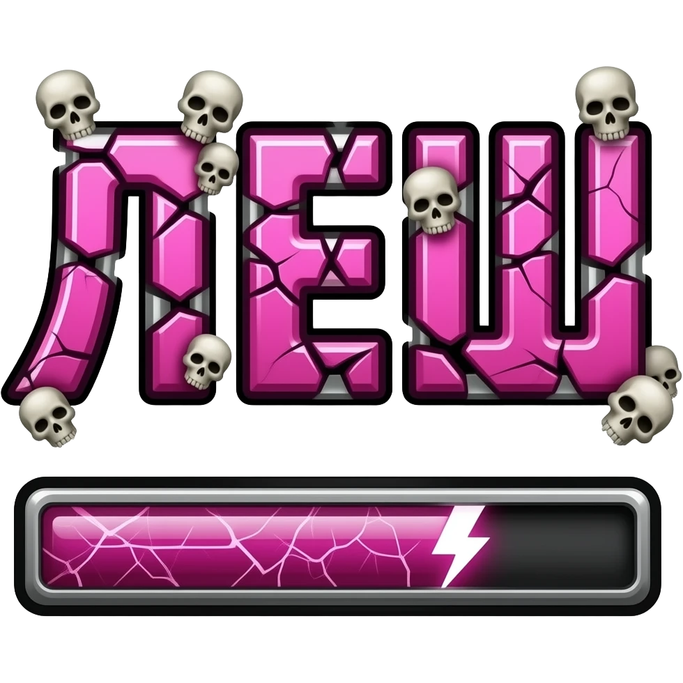 Glossy pink text “ЛЕШ” in Cyrillic, chaotic Twitch emote style, thick black outline, transparent background, cracked gamer text, tiny skulls, glitch effects, low HP bar, pink lightning, readable at small size emoji
