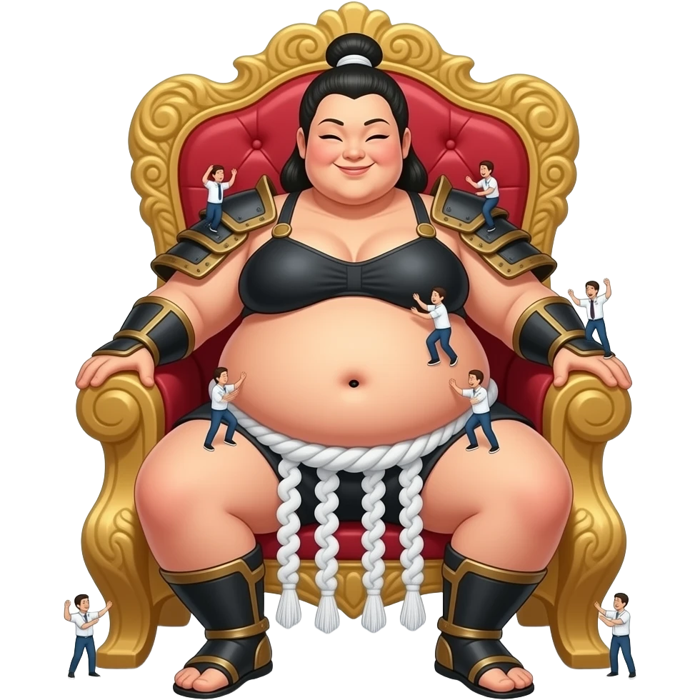 A female sumo warrior rests on a throne bench,with a cutely playful gesture she hangs out her overstuffed obese exposed belly,so the tiny volunteer admirers can use the girl’s vulnerable belly to bounce on,The female giant giggles because her bellybutton is ticklish. emoji