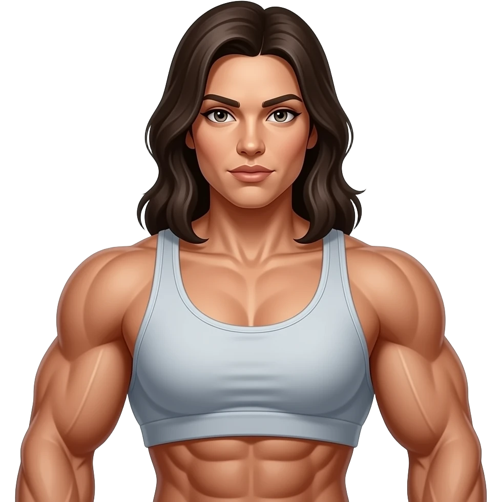 A medium shot captures a powerfully built woman with a muscular physique. sHe wears a tank top emoji